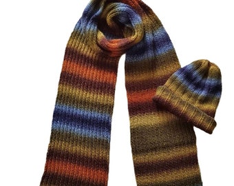 vibrant vegan striped knit scarf and hat, handmade multicolor men's accessory unisex