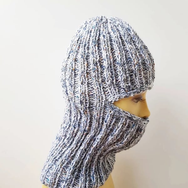 hand knitted wool balaclava hat, blue tweed face mask, cover winter hat,  gift ideas for all occasions.