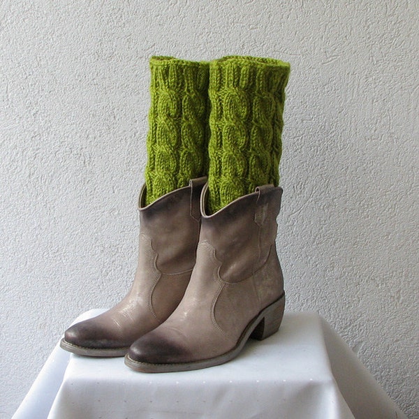 Boot cuffs, leg warmers, green boot cuffs, cable knit boot cuffs