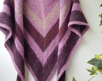 hand knit shawl, handmade wrap, triangle knit shawl, alpaca wool blend, triangular scarf pink and purple