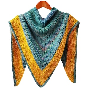 triangle hand knit shawl turquoise and mustard a cozy blend of colors