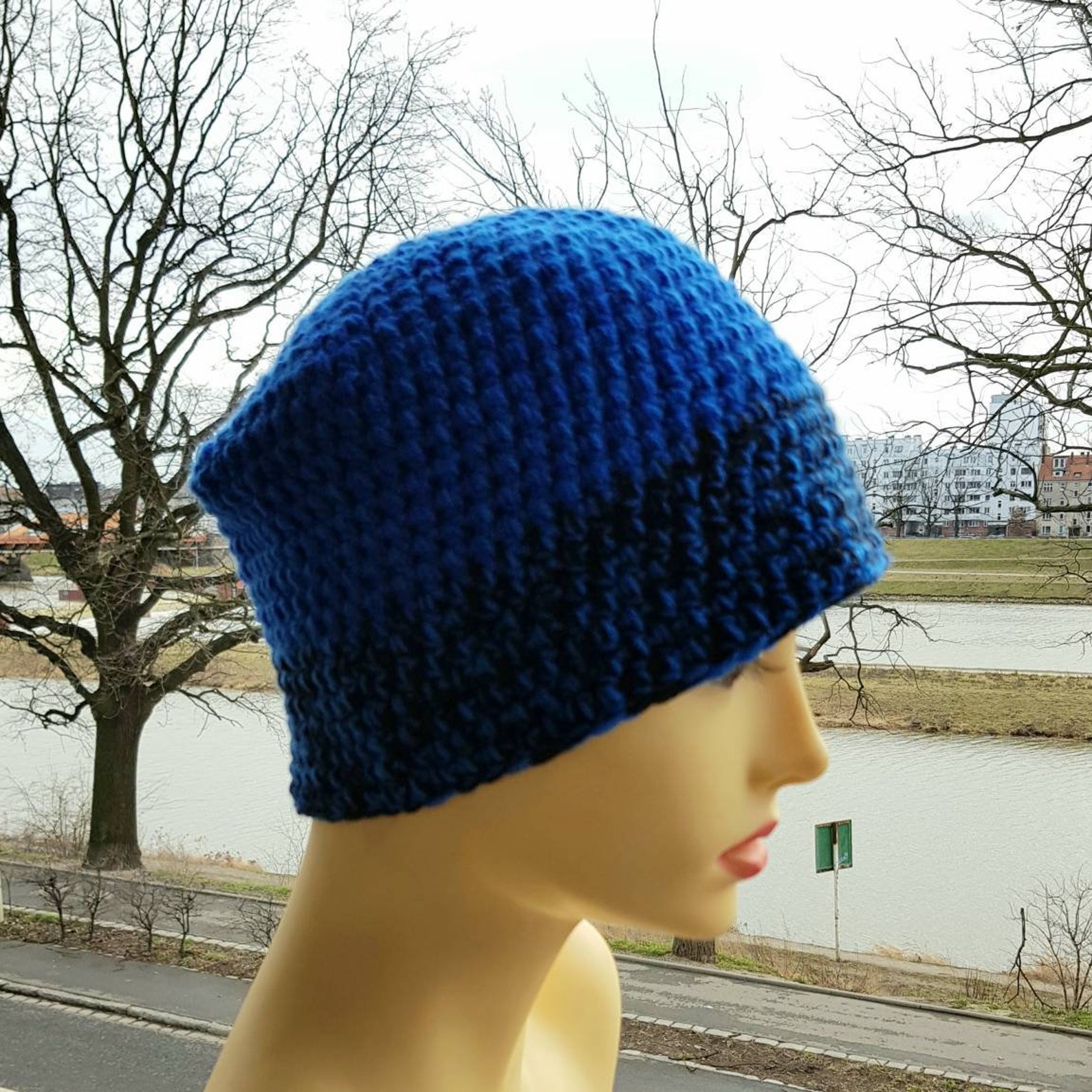 Mens Skull Cap Blue Black Skullcap Crochet Beanie for Men Etsy