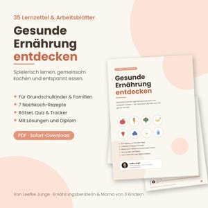 Puede incluir: Un documento educativo digital titulado Gesunde Ernährung entdecken que incluye 35 fichas y hojas de trabajo. La portada muestra iconos de alimentos coloridos, incluyendo una manzana, zanahoria, brócoli, plátano, fresa, arándanos, huevo y un vaso de leche.