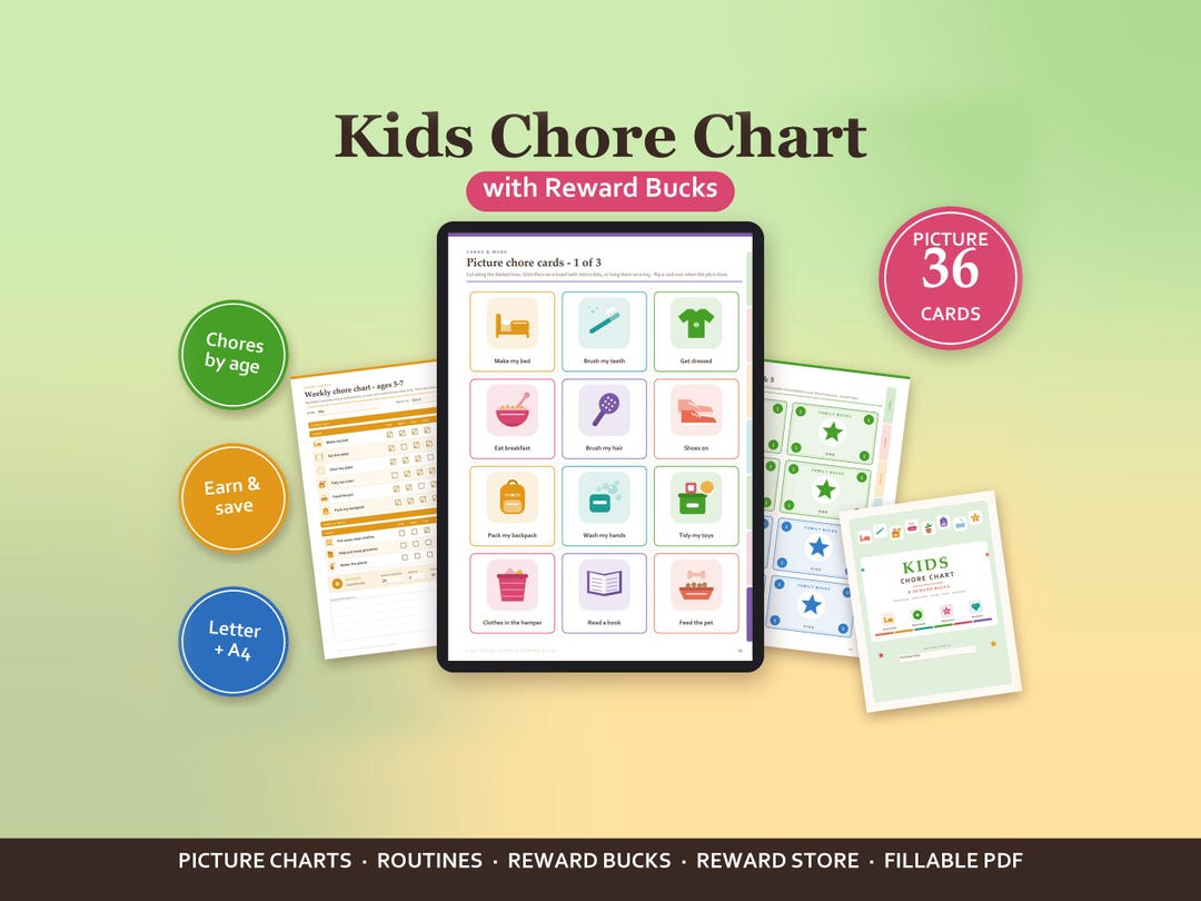 Kids Chore Chart Printable With Reward Bucks, Chores by Age & Routine ...