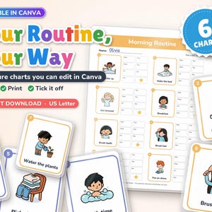 May include: A set of six editable routine charts featuring colorful illustrations of daily tasks like making the bed, brushing teeth, and watering plants. The charts include text labels and checkboxes for tracking progress, designed for US Letter size paper.