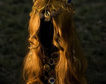 Egyptische slangenkroon en godinnenketting voor het voorhoofd, Cleopatra buikdanssieraden, gouden cobra-tiara, tribale muntenarmband