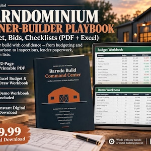 May include: A Barndominium Owner-Builder Playbook digital kit featuring a 92-page printable PDF, an Excel budget and draw workbook, and a demo workbook. The dark cover displays the text Barndo Build Command Center with a barn icon.