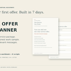 Może przedstawiać: Cyfrowy planer ofert VA zawierający 18 stron i 6 skryptów. Tekst brzmi: For new virtual assistants, Your first offer. Built in 7 days. VA Offer Planner. One service package. One honest work sample. Ten relevant messages.