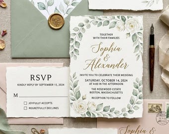 Floral Wedding Invitation Suite, Wedding Invite and RSVP Template