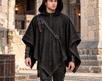 Fantasiecape met capuchon voor heren | Middeleeuwse rangerponcho, gotische cape, steampunk LARP- en cosplaykostuum