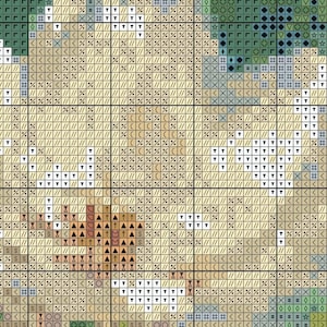 May include: A cross-stitch pattern with a variety of colors, including beige, brown, green, and white. The pattern features a variety of shapes, including squares, triangles, and stars.
