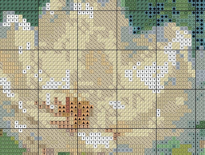 May include: A cross-stitch pattern with a variety of colors, including beige, brown, green, and white. The pattern features a variety of shapes, including squares, triangles, and stars.
