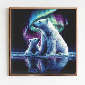 May include: A mother polar bear and her cub stand together beneath a vibrant aurora borealis. The mother bear is looking up at the sky, while the cub looks up at her. The scene is set against a dark blue background with stars.