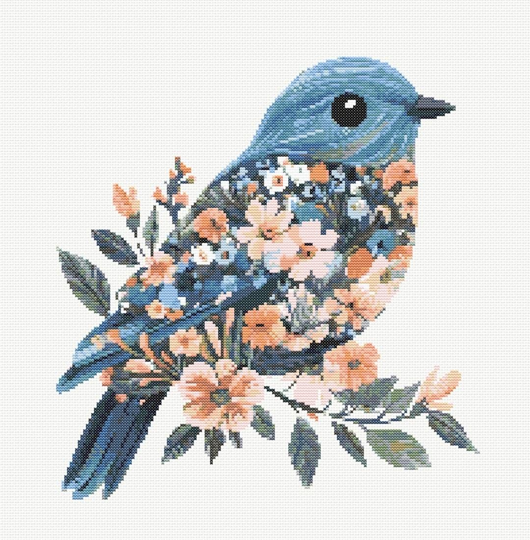 花柄の青い鳥のクロスステッチ刺繍パターンインスタントDMC