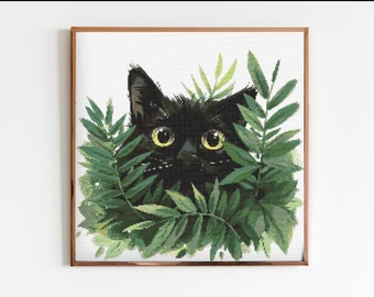 Gato negro entre hojas verdes Patrón de bordado y costura para punto de cruz Descarga instantánea de DMC Flores de punto de cruz Cottagecore Lindo