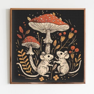Maus Kreuzstichmuster Nähen Stickerei Dunkel X-Stich Cottagecore Witchy Woodland Witchcraft Gothic Folklore Niedlich Fliege Argaric Pilz
