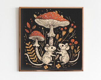 Mouse Cross Stitch Pattern Sewing Embroidery Dark X-Stitch Cottagecore Witchy Woodland Witchcraft Gothic Folklore Cute Fly Argaric Mushroom