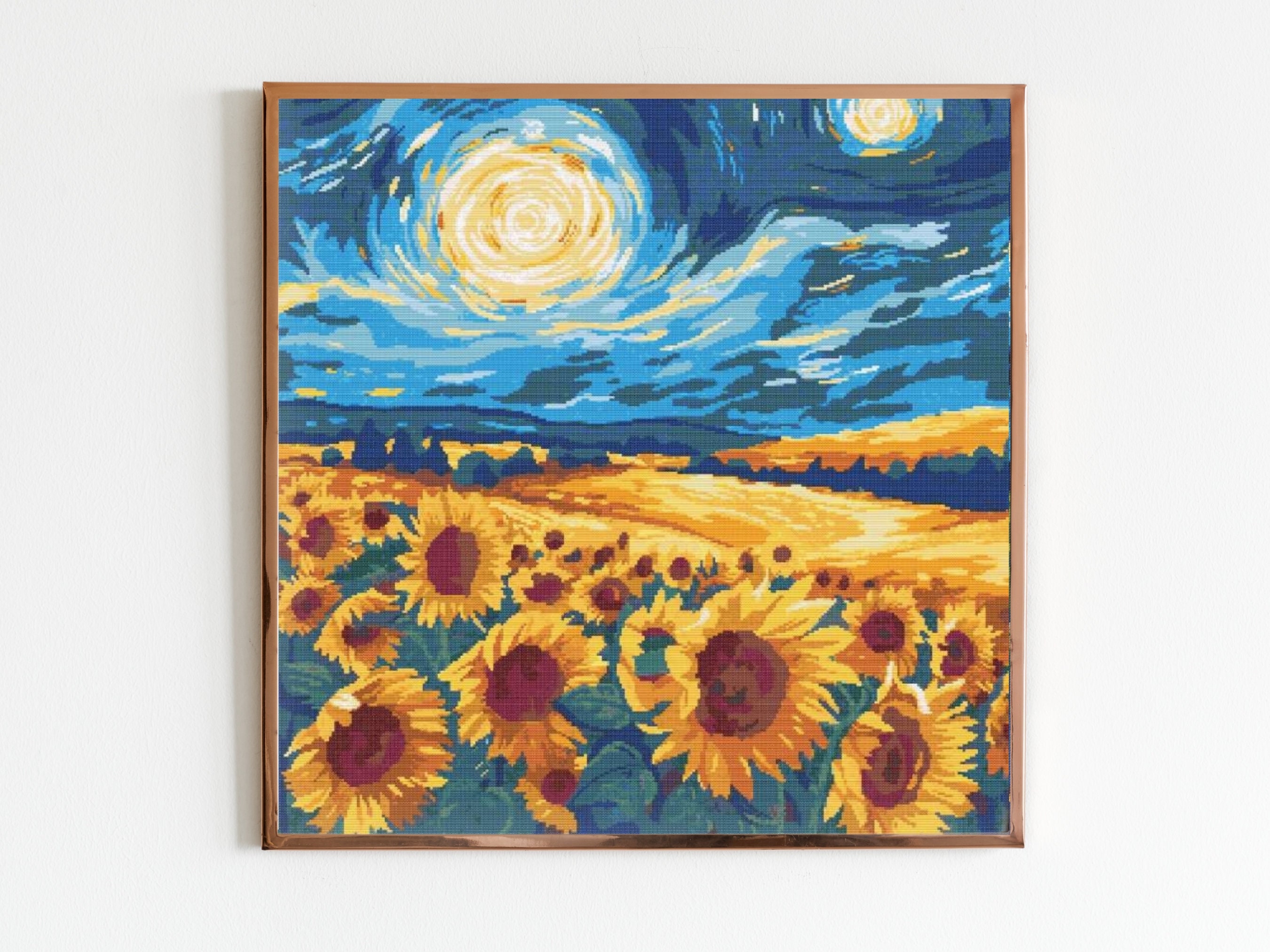 ゴッホ風ひまわり畑のクロスステッチ刺繍パターンXステッチ風景