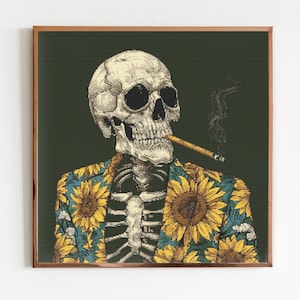 Esqueleto fumador Punto de cruz Costura Moderno Bordado Patrón Instantáneo DMC Divertido Sarcástico Lindo Principiante Van Gogh Edvard Monk Gatito Girasoles