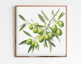 Botanische olijftak kruissteek naaien modern borduurpatroon Instant DMC download bos bloemen voor beginners Grieks
