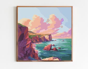 Coastal Scene Cross Stitch Sewing Embroidery Pattern X-Stitch Landscape Cottagecore Needlework Sea Ocean Beach Mountains Epic Landscape