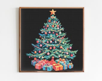 Christmas Tree and Gifts Cross Stitch Sewing Embroidery Pattern X-Stitch Landscape Cottagecore River Art Forest Moon Christmas