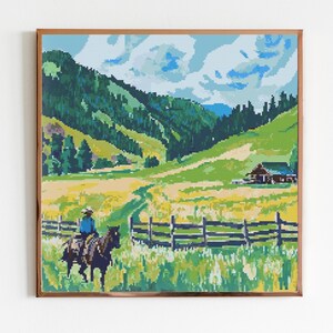 Yosemite-stijl Weide Kruissteek Naaien Borduurpatroon X-steek Landschap Cottagecore Montana Wild West Barn Farm Ranch Cowboy
