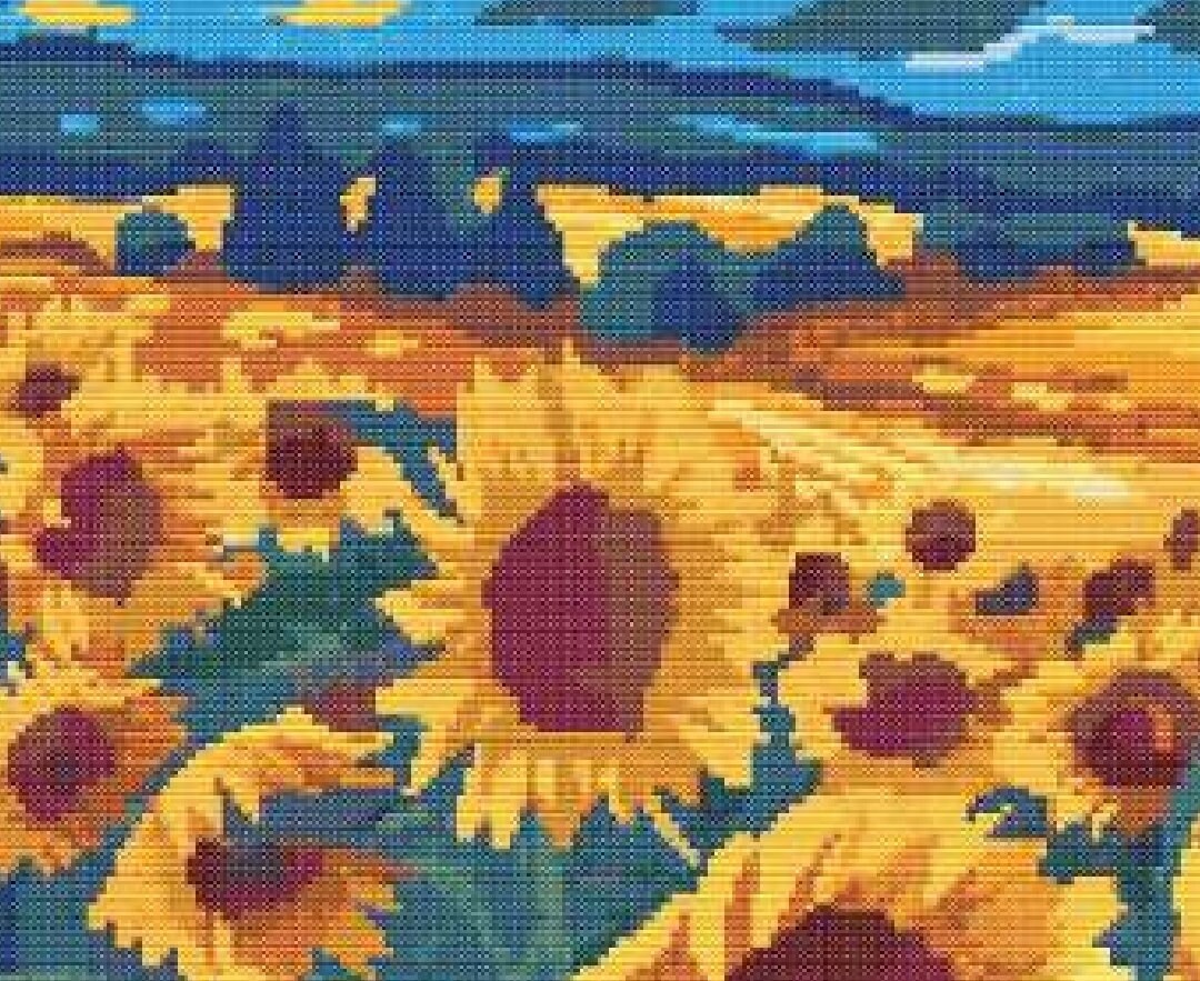 ゴッホ風ひまわり畑のクロスステッチ刺繍パターンXステッチ風景