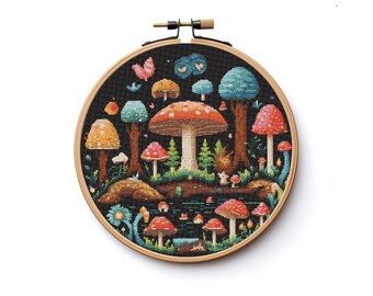 Mushroom Woodland Scene Cross Stitch Pattern Sewing Modern Embroidery Instant Download Dark X-Stitch Cottagecore Witchy Witchcraft Gothic