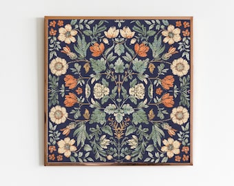 Puede incluir: Una impresión enmarcada con un patrón repetitivo de flores estilizadas en tonos naranja, blanco y verde sobre un fondo azul oscuro.