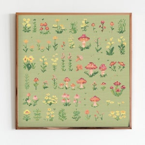 Eenvoudige tuin bloem en paddenstoel sampler kruissteekpatroon naaien modern borduurwerk bloemen beginner beginner eenvoudig oefenen botanisch
