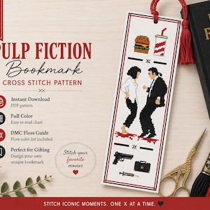 May include: A cross stitch pattern for a bookmark featuring Pulp Fiction imagery including a burger, drink, two dancing figures, a handgun, a briefcase, and a syringe. The design is white with red and black borders and includes a red tassel at the top.