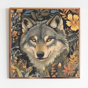 Wolf und Wald Blumen Kreuzstich Muster Nähen Stickerei Wildtiere Afrika Tier Safari Dschungel Kinderzimmer Kunst Kunstwerk Minimal König der Löwen