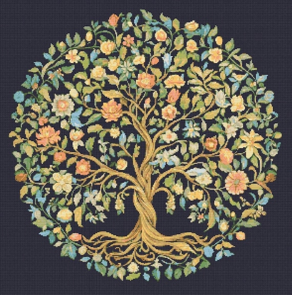 William Morris Style Tree of Life Botanical Mid Century Cross