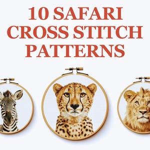 SAFARI PDF BUCH Kreuzstichmuster Wildtiere Afrika Kunst Zebra Löwe Löwin Giraffe Hyäne Elefant Gepard Nähen Stickmuster treu