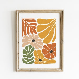 Patrón de bordado y costura para punto de cruz con diseño floral moderno retro Descarga instantánea DMC X-Stitch Flores abstractas modernas Boho Cottagecore Naturaleza 103