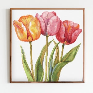 Tulipas da primavera Ponto Cruz Botânico Costura Bordado Moderno Padrão Instantâneo DMC Download Buquê de Flores Tulipa Iniciante