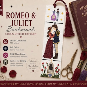 Romeo and Juliette Bookmark Cross Stitch Pattern Instant Download DMC Roses Sewing Book Mark Gift Idea Cottagecore Small Tiny Shakespeare