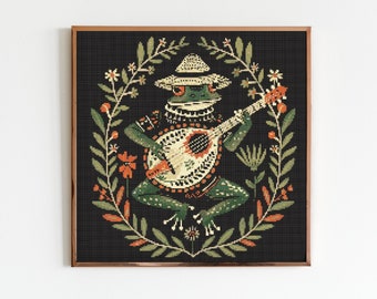 Frog Playing a Banjo Cross Stitch Pattern Sewing Modern Embroidery Dark Cottagecore X-Stitch Witchy Woodland Witchcraft Gothic Folklore
