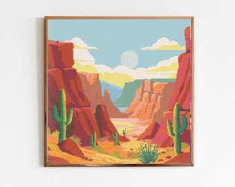 Cactus y Cañón punto de cruz costura patrón de bordado instantáneo DMC Descargar X-Stitch Paisaje Cottagecore Aguja Arizona