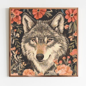 Wolf and Florals Kreuzstich Stickmuster Nähen Stickbild Safari Safari Dschungel Kinderzimmer Kunst Kunstwerk Minimaler König der Löwen