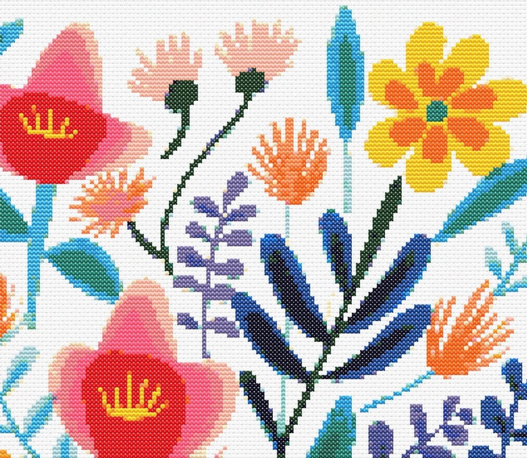 Vibrant Bunch of Abstract Flowers Cross Stitch Sewing Embroidery ...