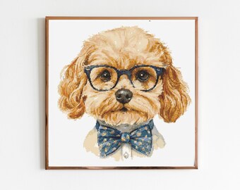 Cavapoo Wearing Glasses Dog Cross Stitch Pattern Sewing Embroidery DMC Wildlife Animal Nursery Artwork Scandi Doggo Minimal Dog Pet Gift