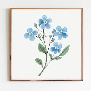 Vergeet me niet Botanische kruissteek naaien modern borduurpatroon Instant DMC Download bos bloemen voor beginners