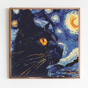 ゴッホ風黒猫クロスステッチ縫製刺繍パターンXステッチ風景コテージコア針仕事川アートワーク猫かわいいギフト