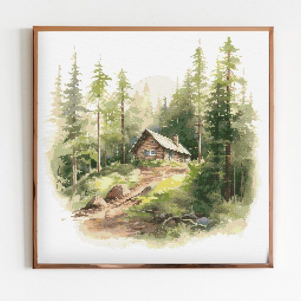 Cabin in the Pine Forest Cross Stitch Sewing Embroidery Pattern Instant DMC Download X-Stitch Landscape Cottagecore Needlework