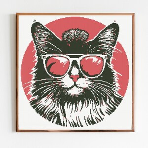 May include: A framed print featuring a pixelated illustration of a cat wearing sunglasses. The cat is black and white with a pink nose, set against a red circle background. The sunglasses have red lenses.