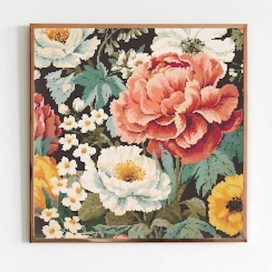 Dunkle Blumen Ein Kreuzstich Nähen Moderne Stickmuster Instant DMC Botanische Blumenstrauß Anfänger Pfingstrosen