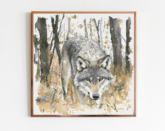 May include: A framed cross-stitch artwork depicts a gray wolf emerging from a forest. The wolf's fur is detailed with shades of gray and white, and its eyes are focused forward. The background features trees and foliage in muted tones of brown and green.
