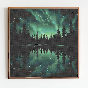 Aurora Borealis Kreuzstichmuster X-Stitch Landschaft Cottagecore Nadeln Wald Camping See Nähen Stickerei Nordlichter